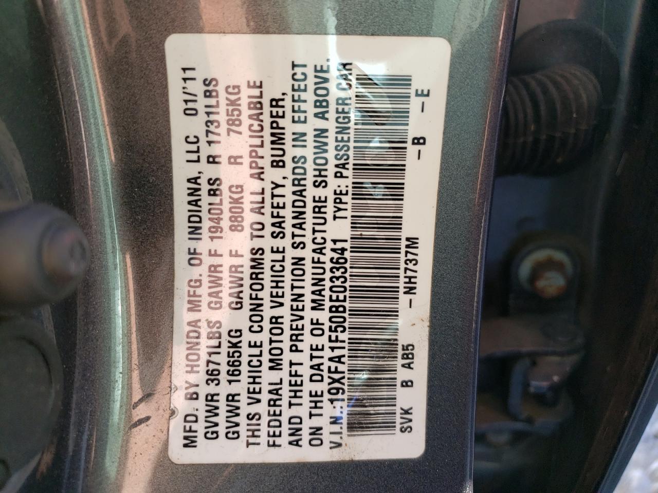 Photo 10 from auction – 2011 HONDA CIVIC LX with VIN 19XFA1F50BE033641