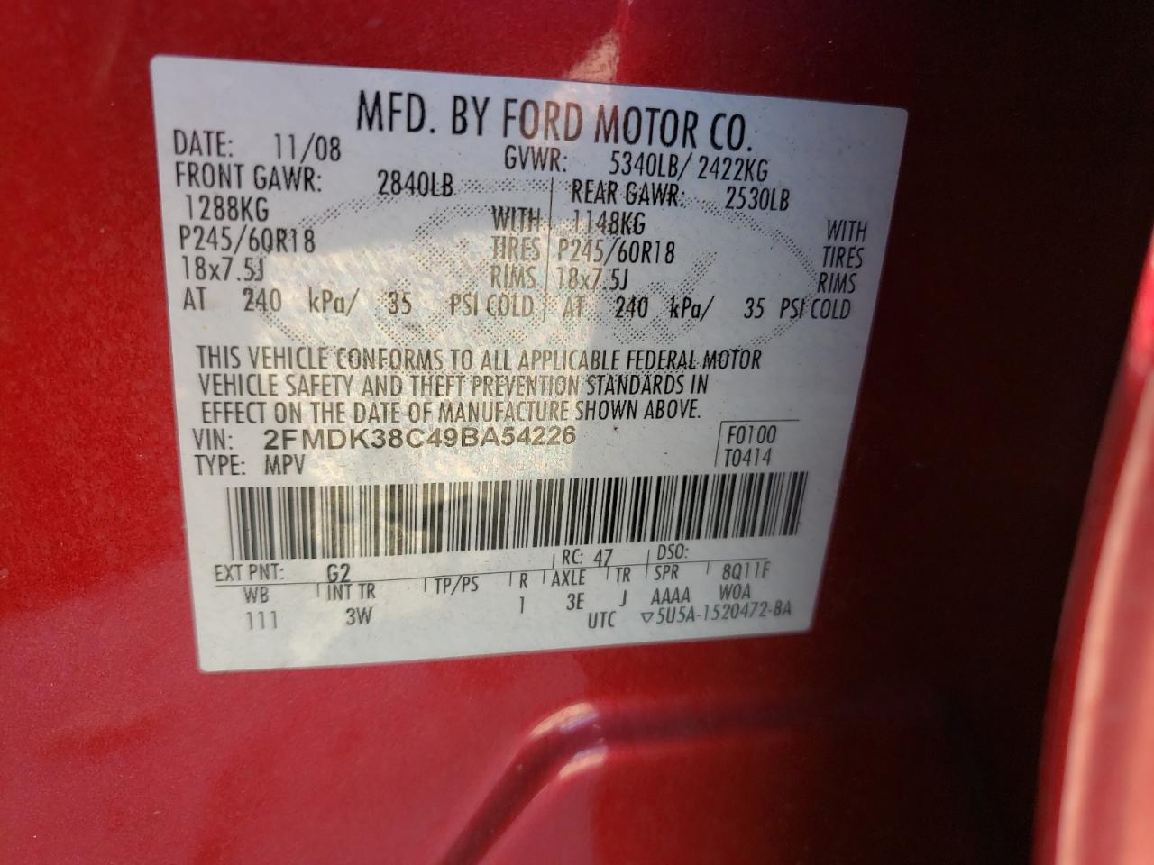 Photo 10 from auction – 2009 FORD EDGE SEL with VIN 2FMDK38C49BA54226