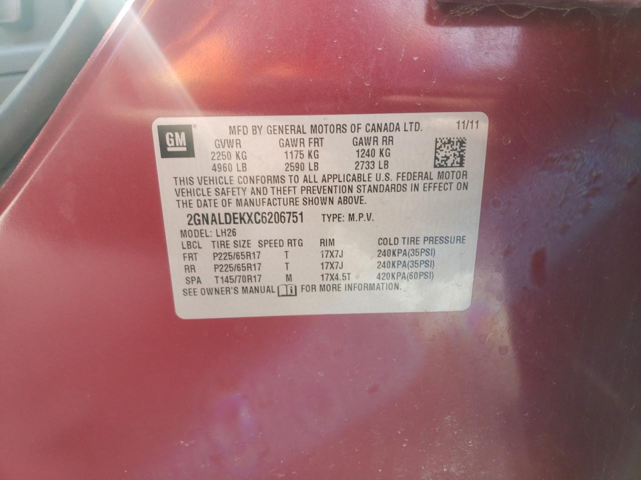 Photo 10 from auction – 2012 CHEVROLET EQUINOX LT with VIN 2GNALDEKXC6206751
