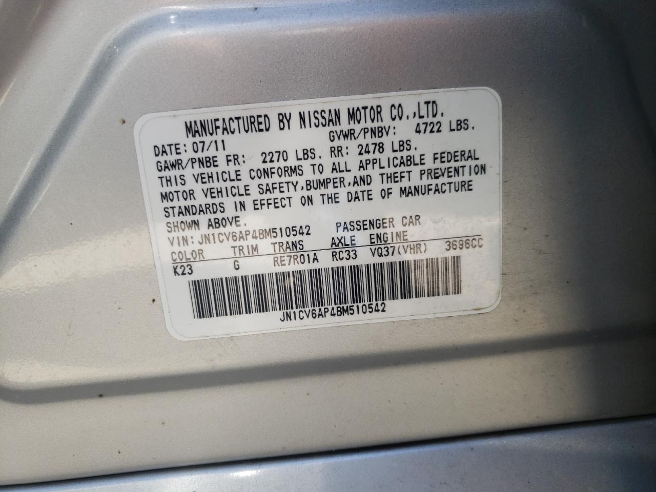 Photo 10 from auction – 2011 INFINITI G37 BASE with VIN JN1CV6AP4BM510542