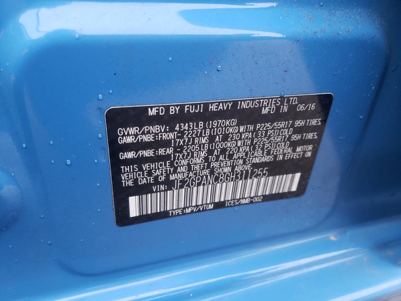 Photo 10 from auction – 2016 SUBARU CROSSTREK with VIN JF2GPANC8GH311255