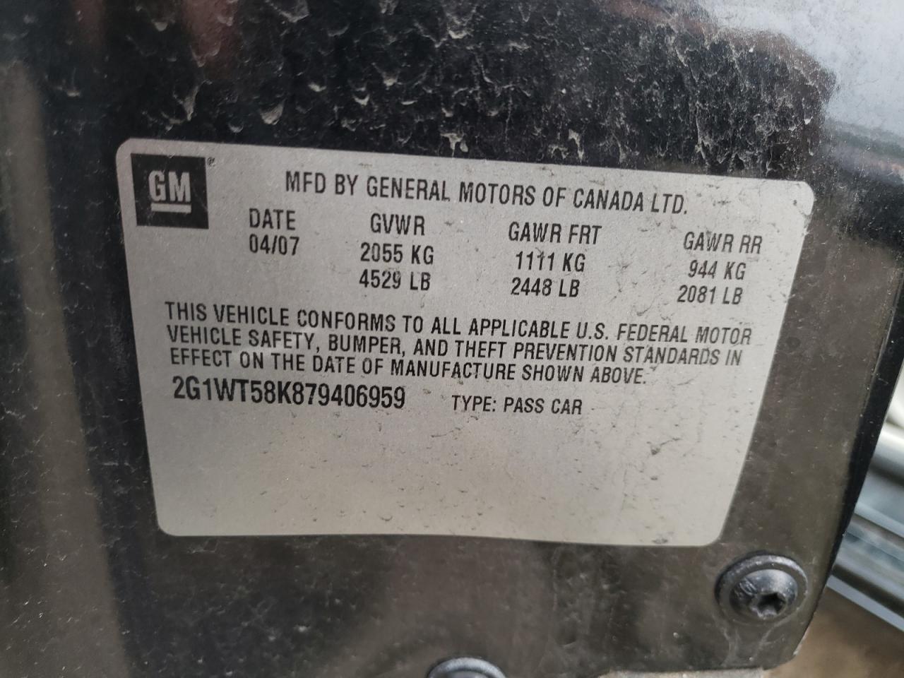 Photo 10 from auction – 2007 CHEVROLET IMPALA LT with VIN 2G1WT58K879406959