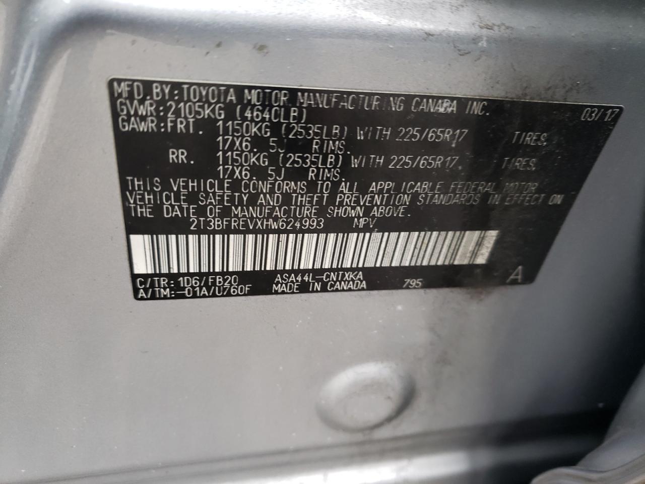 Photo 10 from auction – 2017 TOYOTA RAV4 LE with VIN 2T3BFREVXHW624993