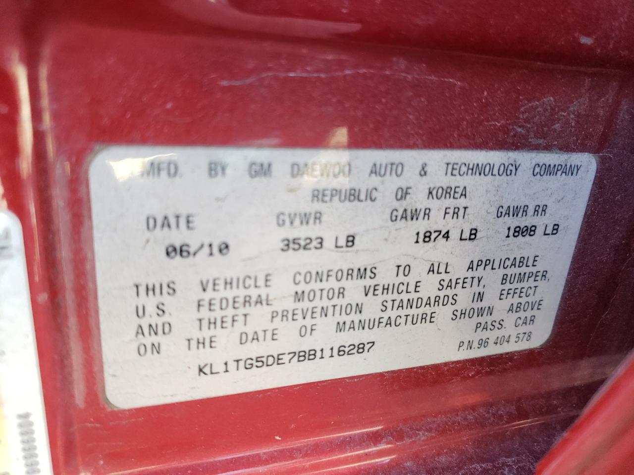 Photo 10 from auction – 2011 CHEVROLET AVEO LT with VIN KL1TG5DE7BB116287