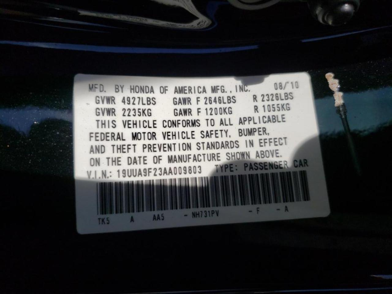 Photo 10 from auction – 2010 ACURA TL with VIN 19UUA9F23AA009803