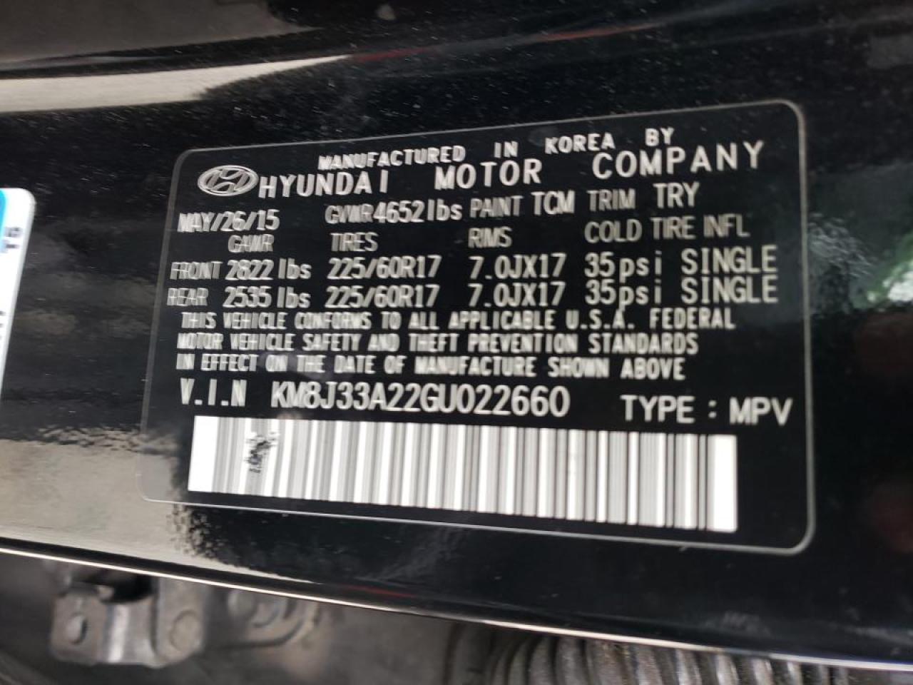 Photo 10 from auction – 2016 HYUNDAI TUCSON LIM with VIN KM8J33A22GU022660