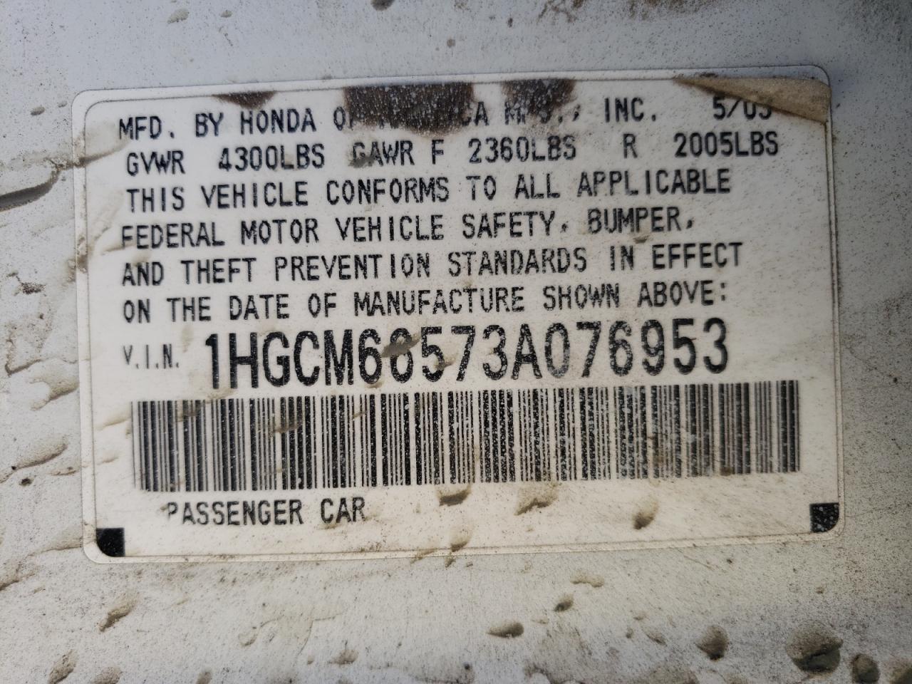 Photo 10 from auction – 2003 HONDA ACCORD with VIN 1HGCM66573A076953