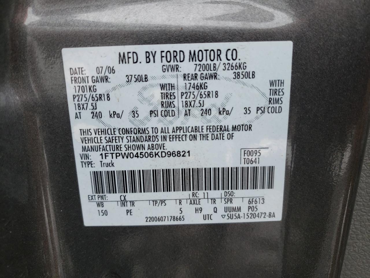 Photo 10 from auction – 2006 FORD F150 with VIN 1FTPW04506KD96821