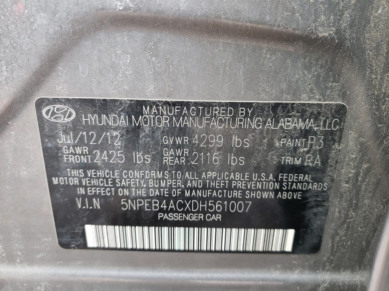 Photo 10 from auction – 2013 HYUNDAI SONATA GLS with VIN 5NPEB4ACXDH561007