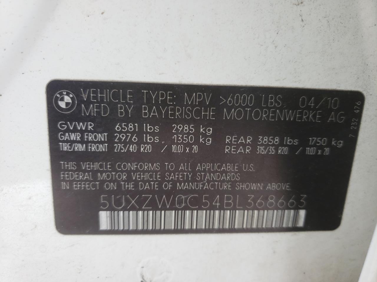 Photo 10 from auction – 2011 BMW X5 XDRIVE3 with VIN 5UXZW0C54BL368663