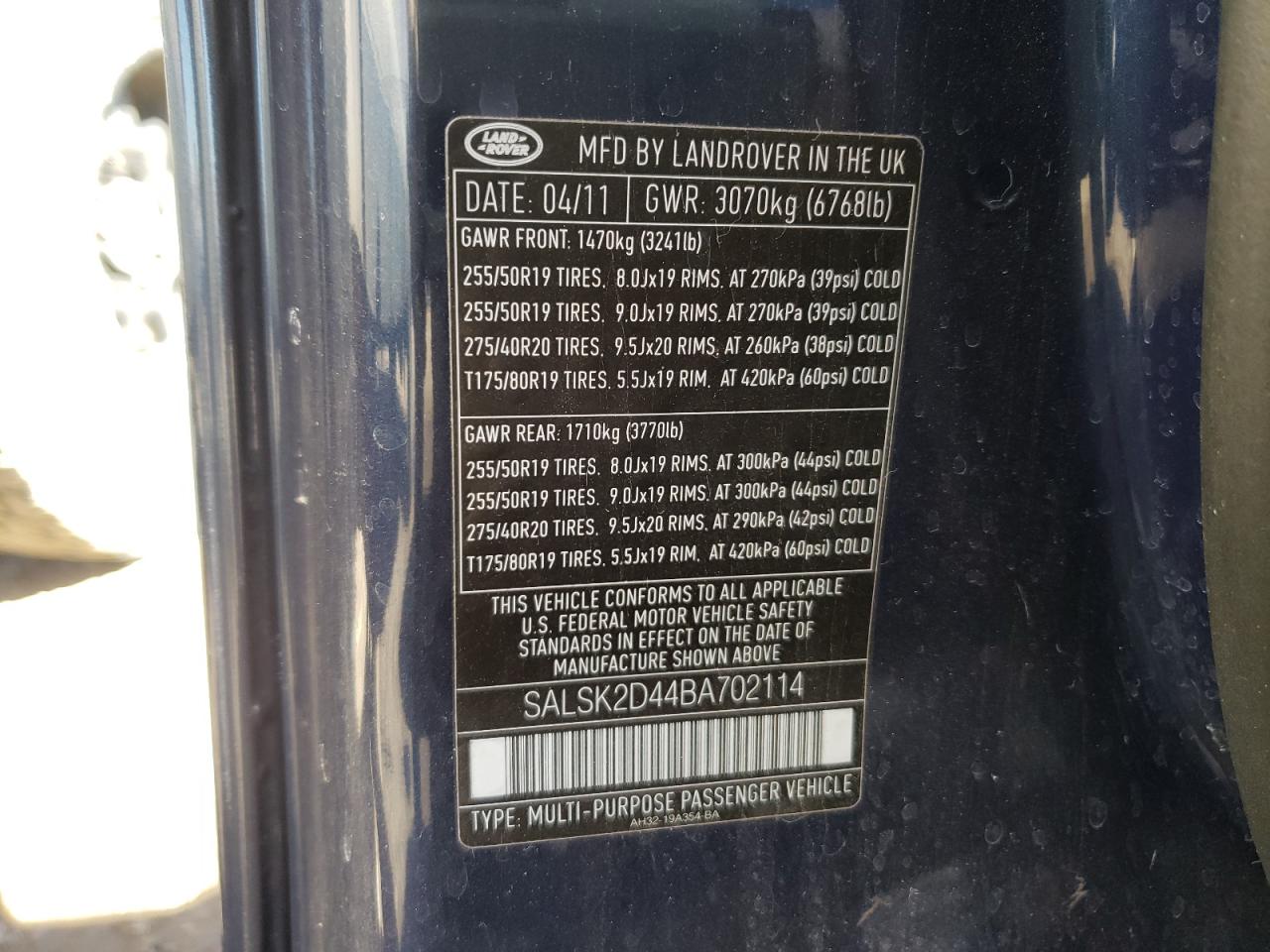 Photo 10 from auction – 2011 LAND ROVER RANGE ROVE with VIN SALSK2D44BA702114