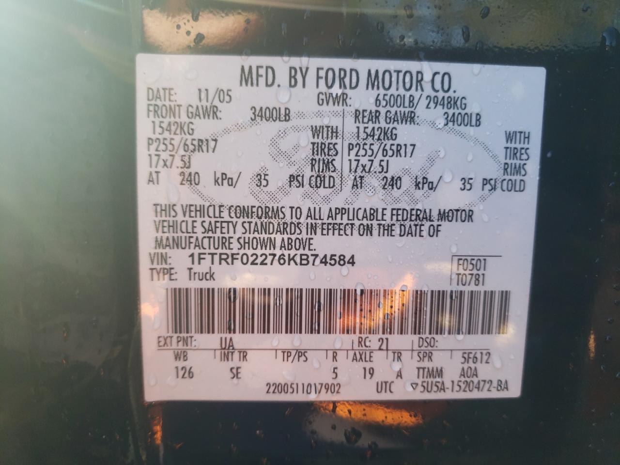 Photo 10 from auction – 2006 FORD F150 with VIN 1FTRF02276KB74584
