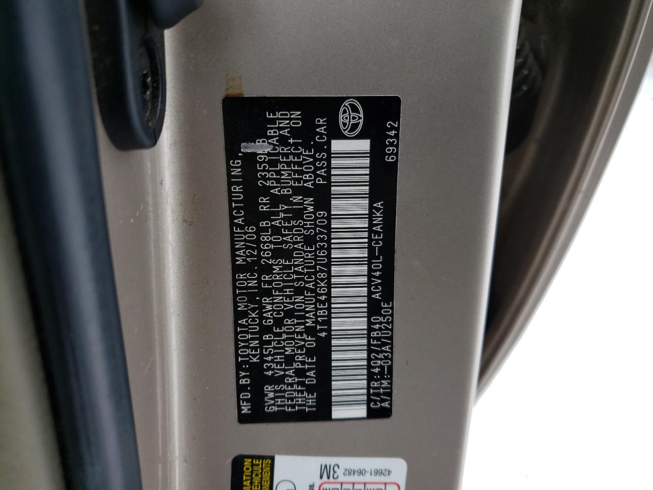 Photo 10 from auction – 2007 TOYOTA CAMRY CE with VIN 4T1BE46K87U633709