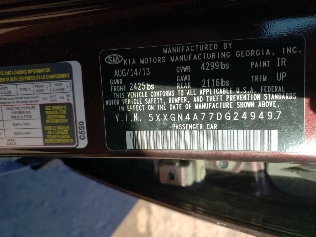 Photo 10 from auction – 2013 KIA OPTIMA EX with VIN 5XXGN4A77DG249497