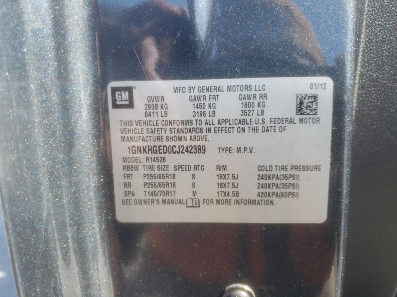 Photo 10 from auction – 2012 CHEVROLET TRAVERSE L with VIN 1GNKRGED0CJ242389