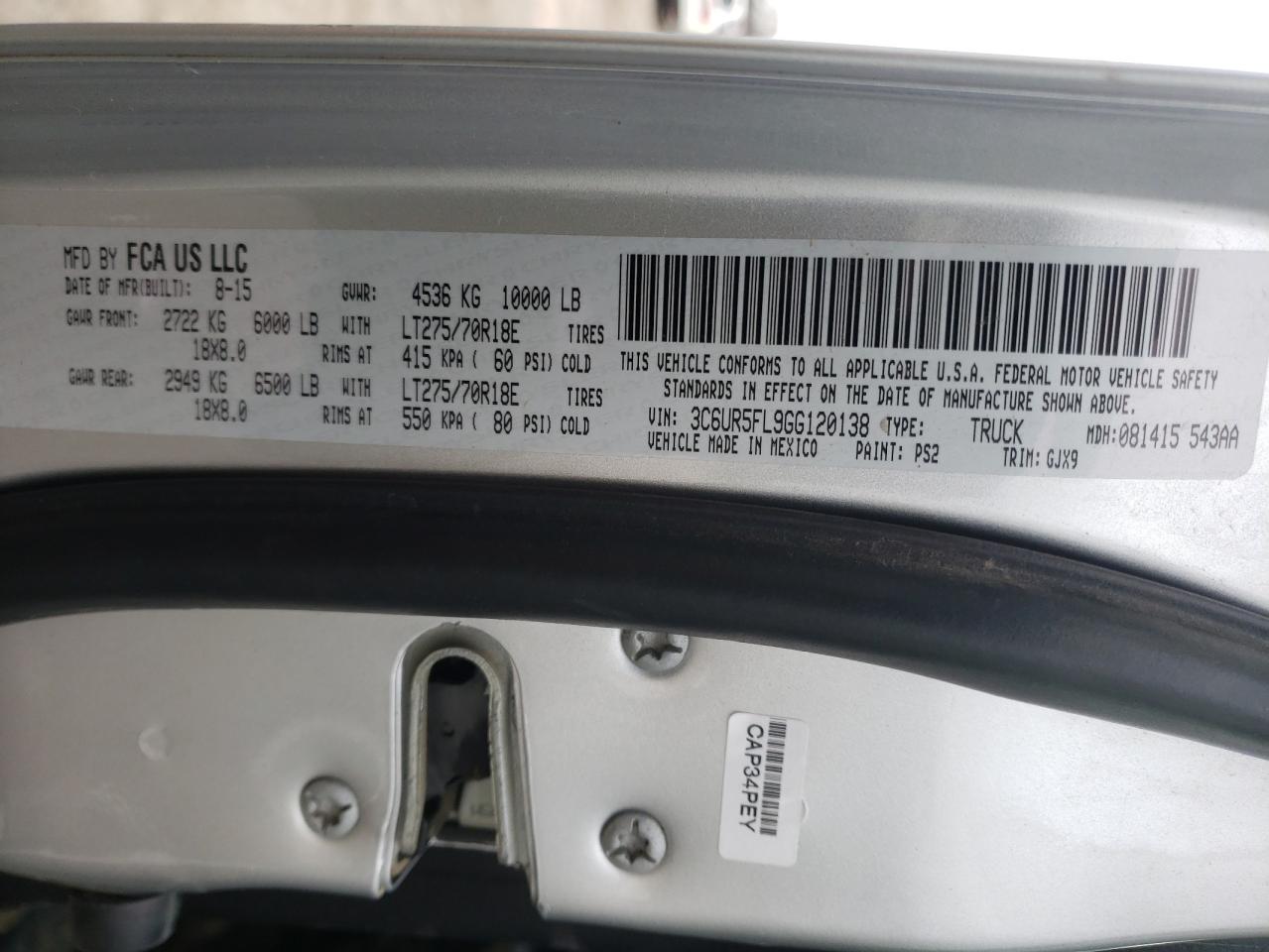 Photo 10 from auction – 2016 RAM 2500 LARAM with VIN 3C6UR5FL9GG120138
