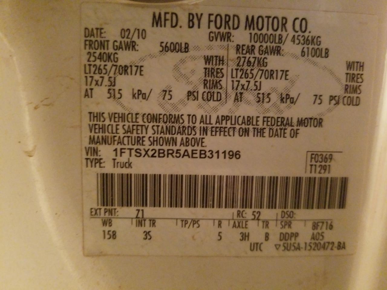 Photo 10 from auction – 2010 FORD F250 SUPER with VIN 1FTSX2BR5AEB31196