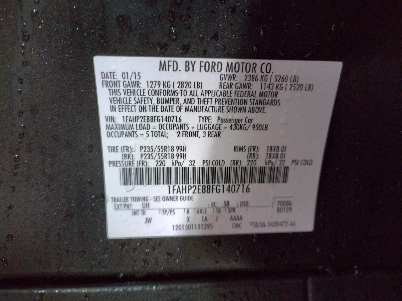 Photo 10 from auction – 2015 FORD TAURUS SEL with VIN 1FAHP2E88FG140716