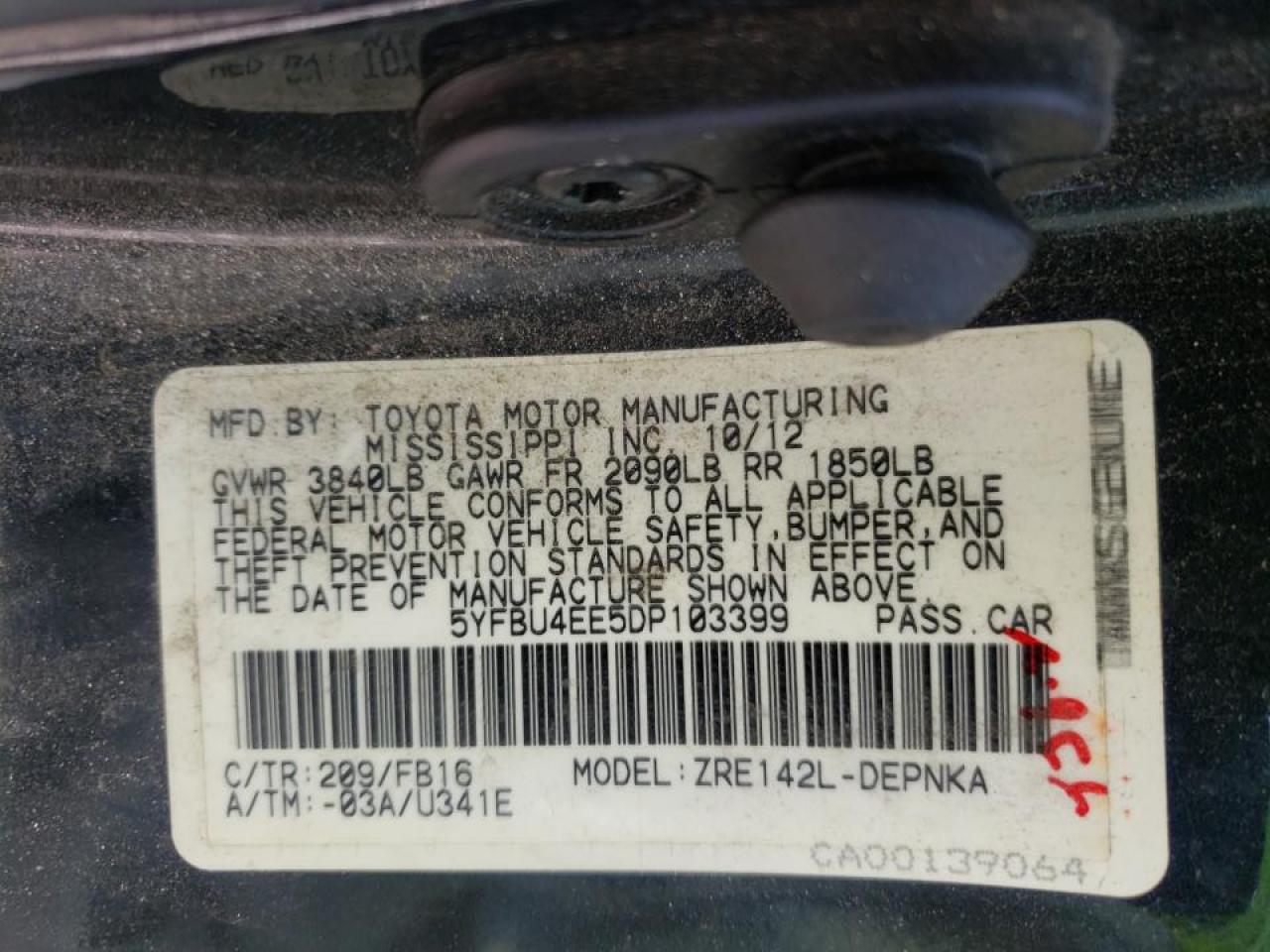 Photo 10 from auction – 2013 TOYOTA COROLLA BA with VIN 5YFBU4EE5DP103399