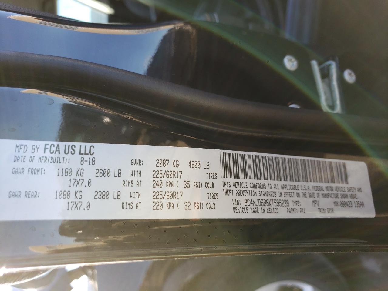 Photo 10 from auction – 2019 JEEP COMPASS LA with VIN 3C4NJDBB6KT595239