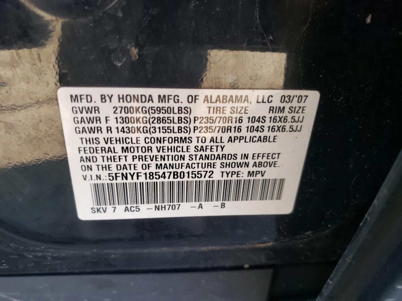 Фото 10 с аукциона – 2007 HONDA PILOT EXL с VIN 5FNYF18547B015572