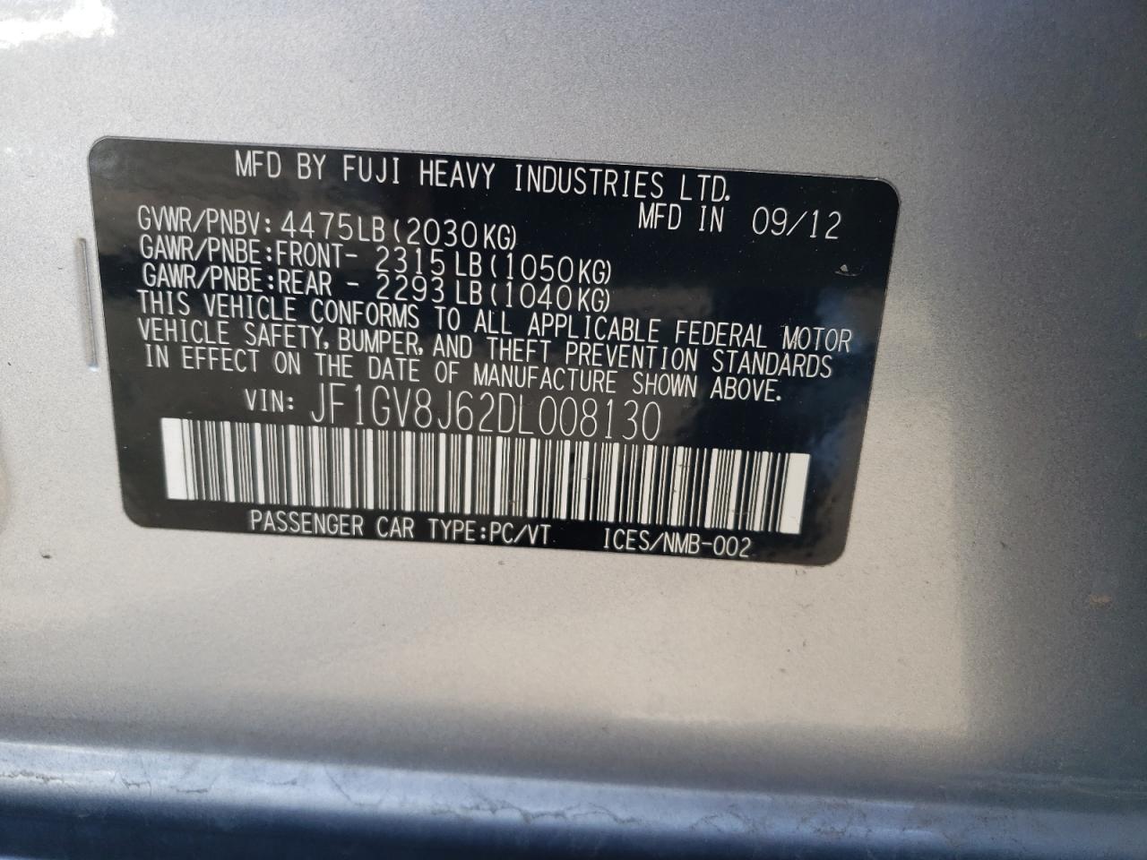 Photo 10 from auction – 2013 SUBARU IMPREZA WR with VIN JF1GV8J62DL008130
