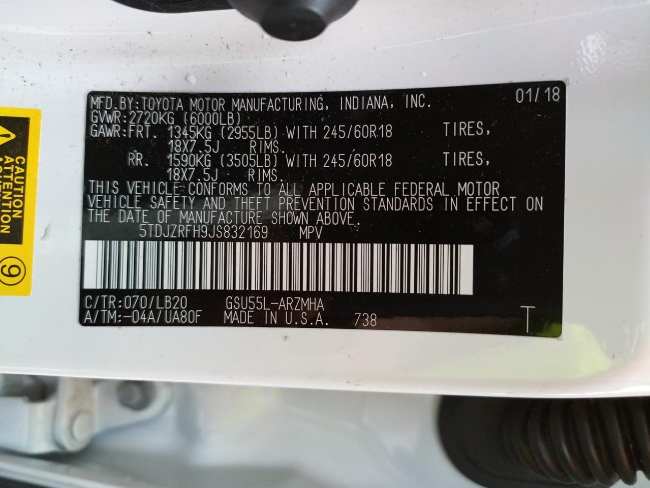 Photo 10 from auction – 2018 TOYOTA HIGHLANDER with VIN 5TDJZRFH9JS832169