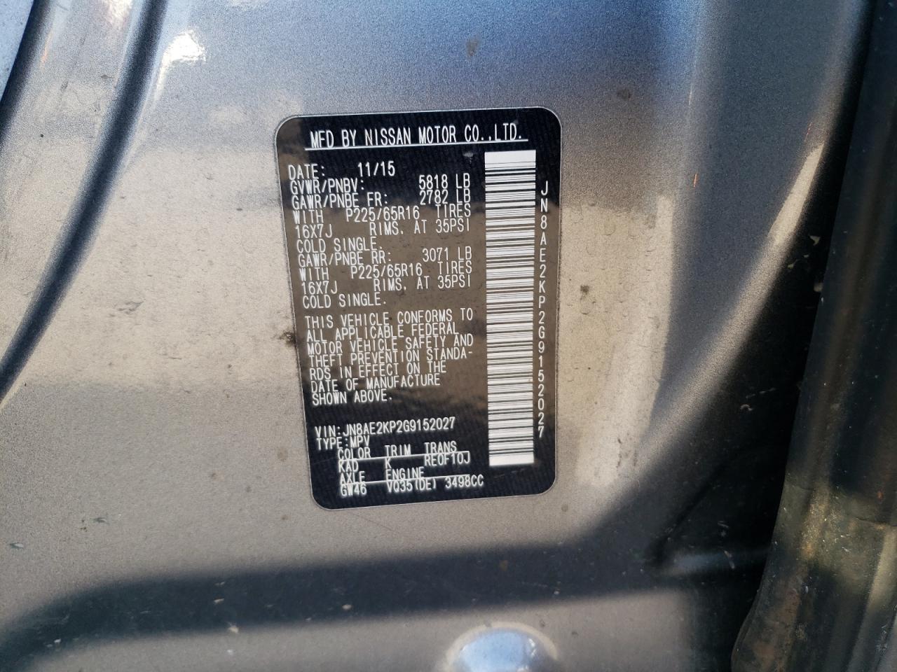 Photo 10 from auction – 2016 NISSAN QUEST S with VIN JN8AE2KP2G9152027