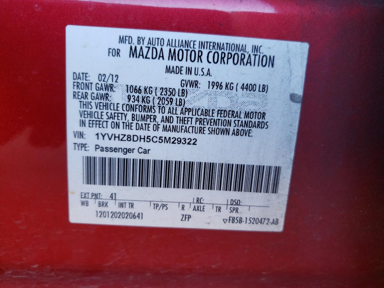 Photo 10 from auction – 2012 MAZDA 6 I with VIN 1YVHZ8DH5C5M29322