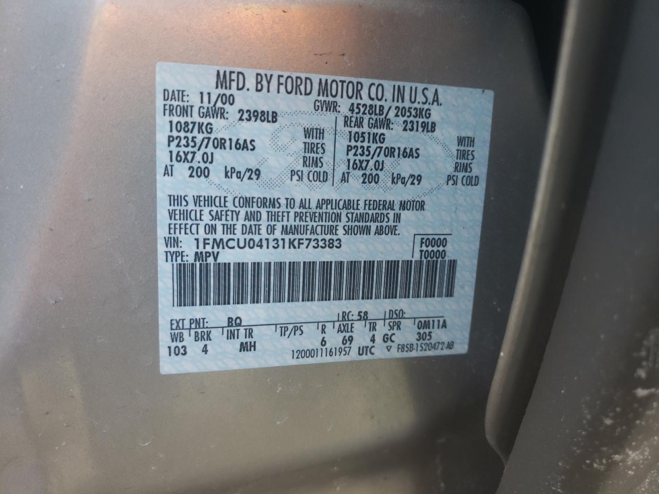 Zdjęcie 10 z aukcji – 2001 FORD ESCAPE XLT z VIN 1FMCU04131KF73383