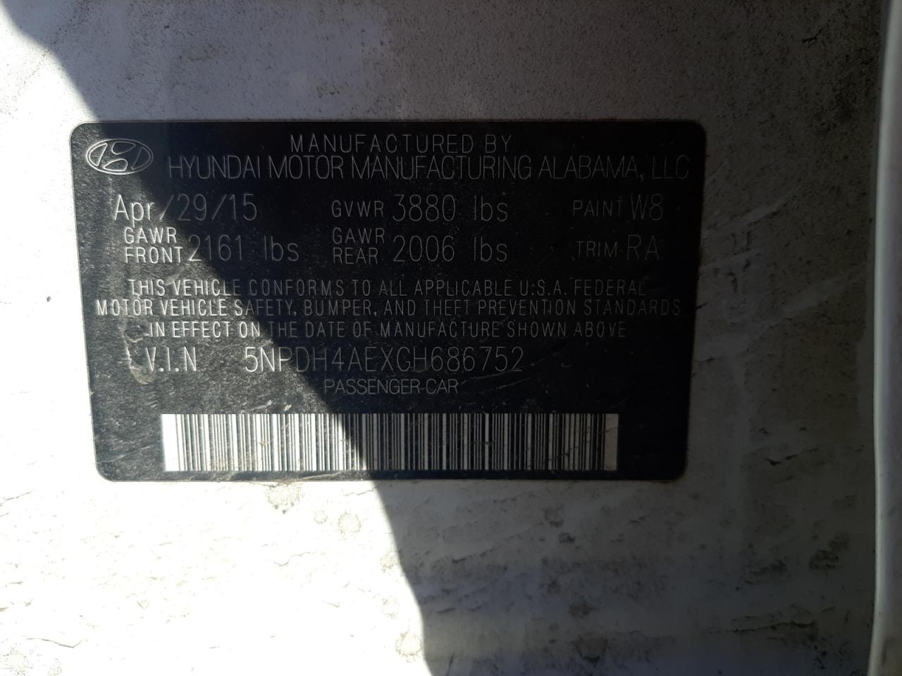 Photo 10 from auction – 2016 HYUNDAI ELANTRA SE with VIN 5NPDH4AEXGH686752