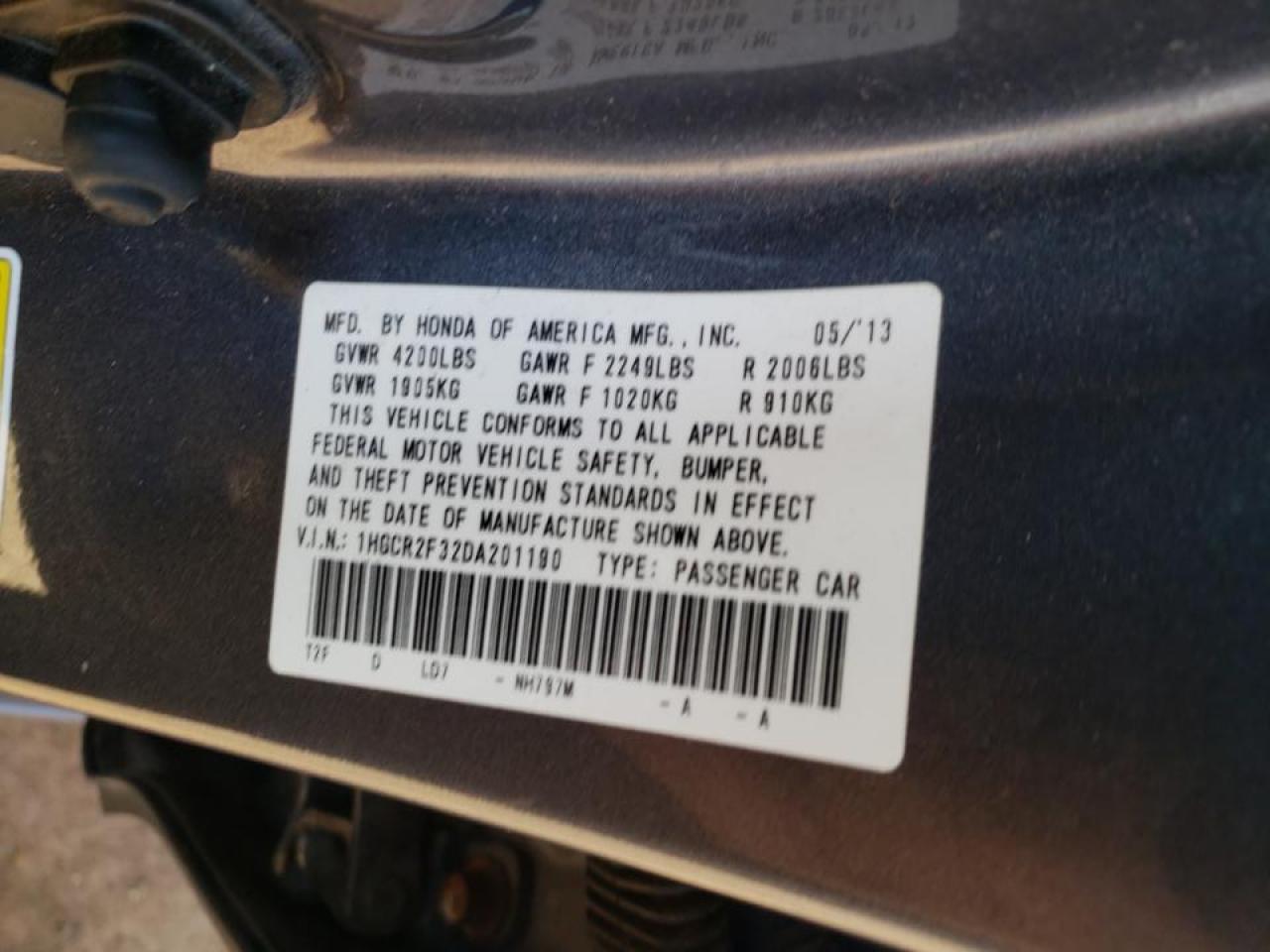 Photo 10 from auction – 2013 HONDA ACCORD LX with VIN 1HGCR2F32DA201190