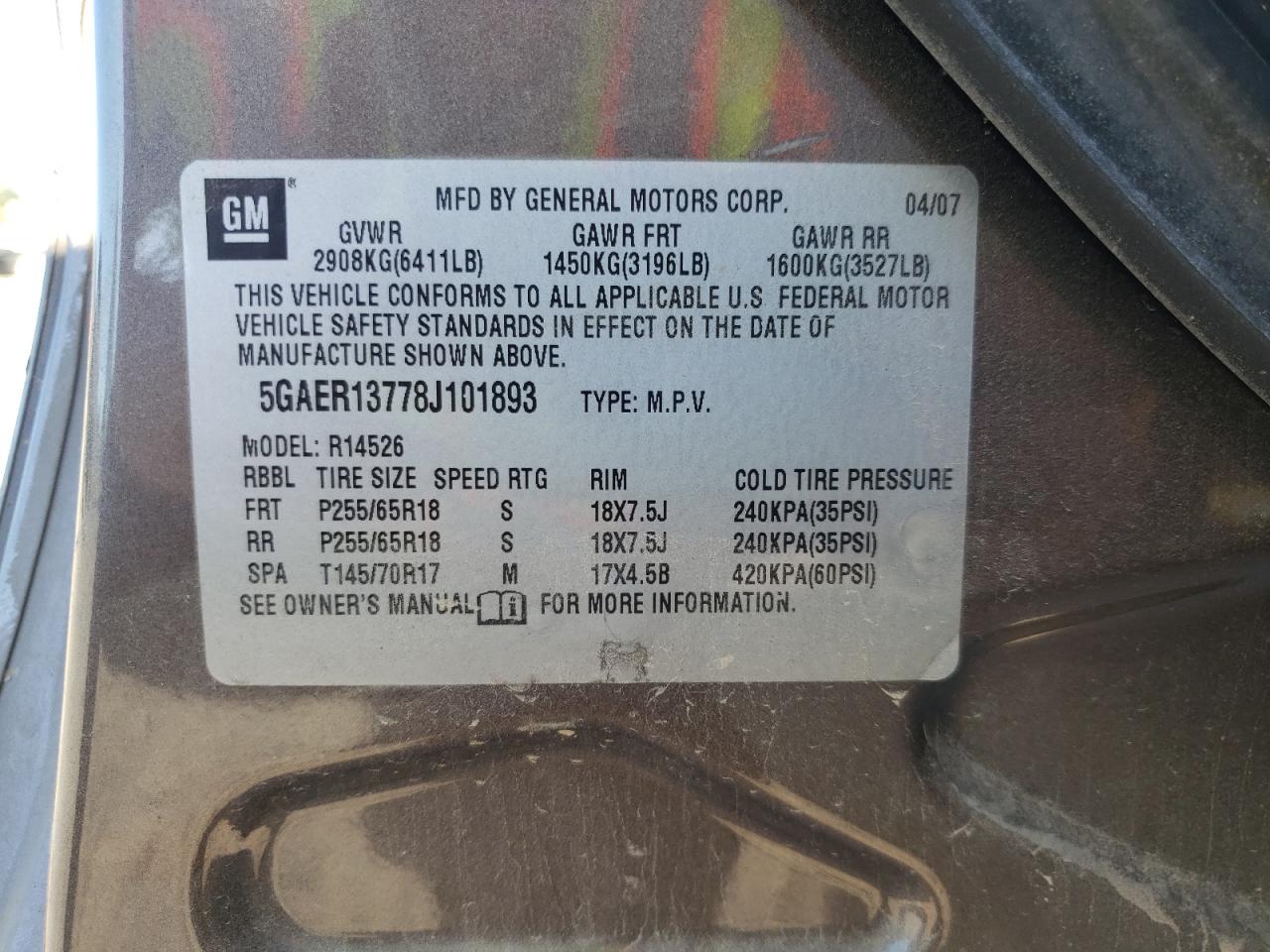 Photo 10 from auction – 2008 BUICK ENCLAVE CX with VIN 5GAER13778J101893