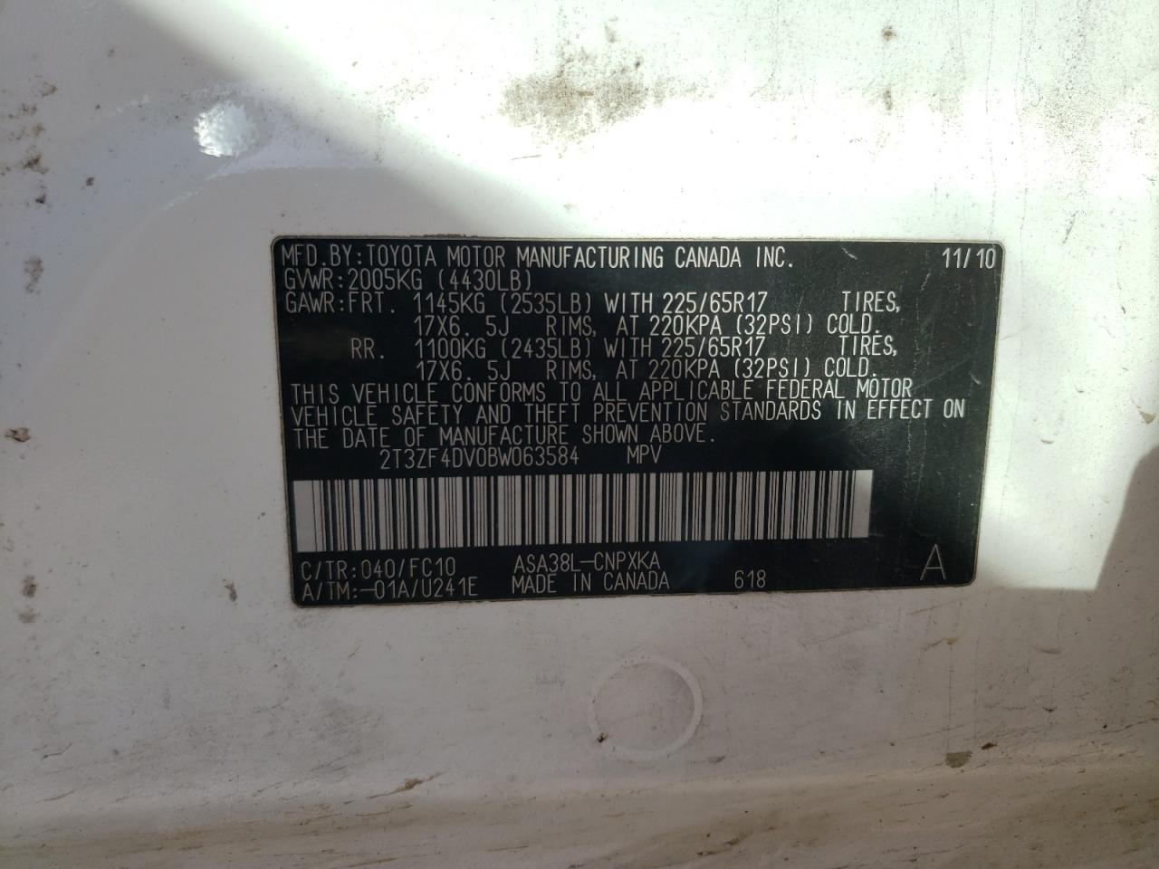 Photo 10 from auction – 2011 TOYOTA RAV4 with VIN 2T3ZF4DV0BW063584
