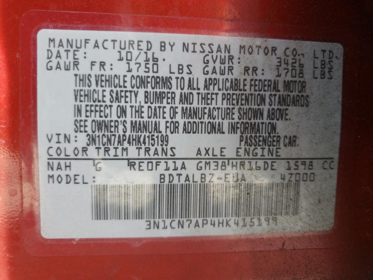 Photo 10 from auction – 2017 NISSAN VERSA S with VIN 3N1CN7AP4HK415199