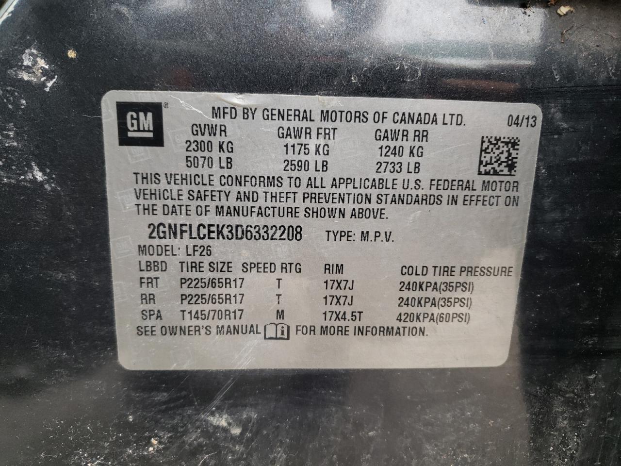Photo 10 from auction – 2013 CHEVROLET EQUINOX LS with VIN 2GNFLCEK3D6332208