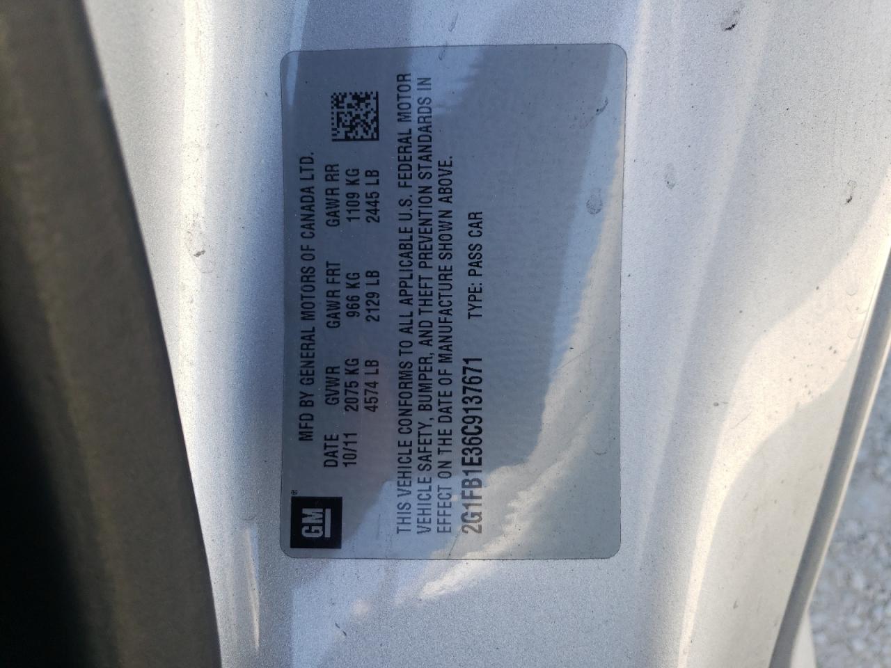 Photo 10 from auction – 2012 CHEVROLET CAMARO LT with VIN 2G1FB1E36C9137671
