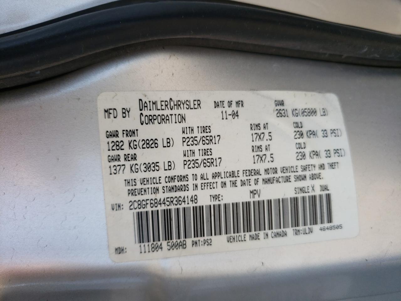 Photo 10 from auction – 2005 CHRYSLER PACIFICA T with VIN 2C8GF68445R364148