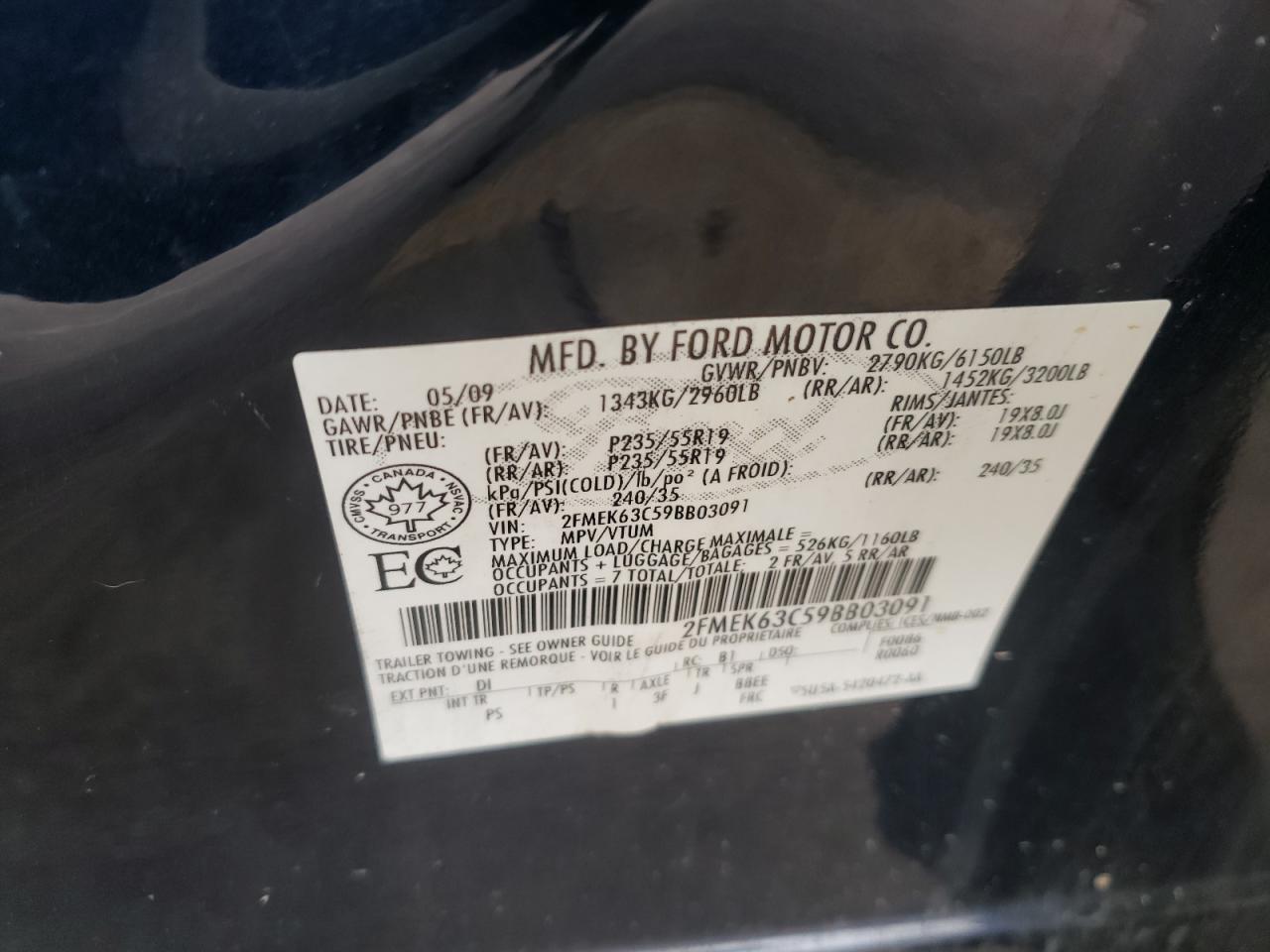 Photo 10 from auction – 2009 FORD FLEX LIMIT with VIN 2FMEK63C59BB03091