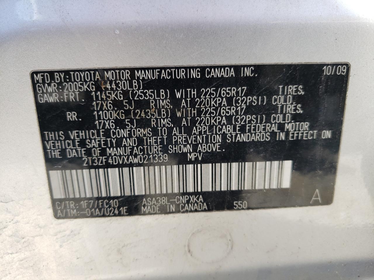 Photo 10 from auction – 2010 TOYOTA RAV4 with VIN 2T3ZF4DVXAW021339
