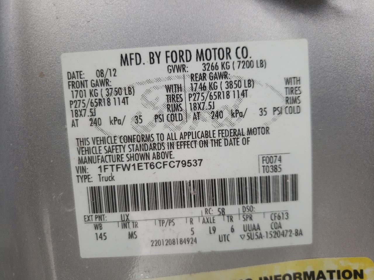 Photo 10 from auction – 2012 FORD F150 SUPER with VIN 1FTFW1ET6CFC79537