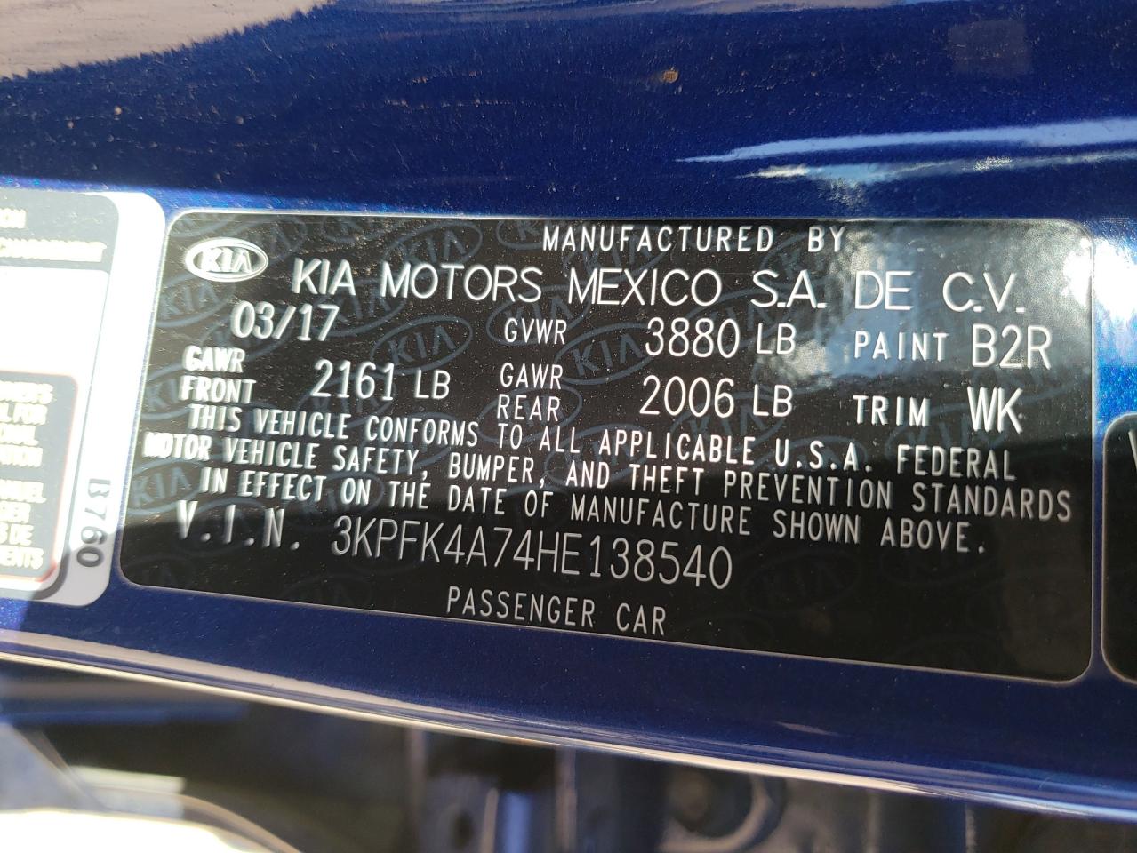 Photo 10 from auction – 2017 KIA FORTE LX with VIN 3KPFK4A74HE138540