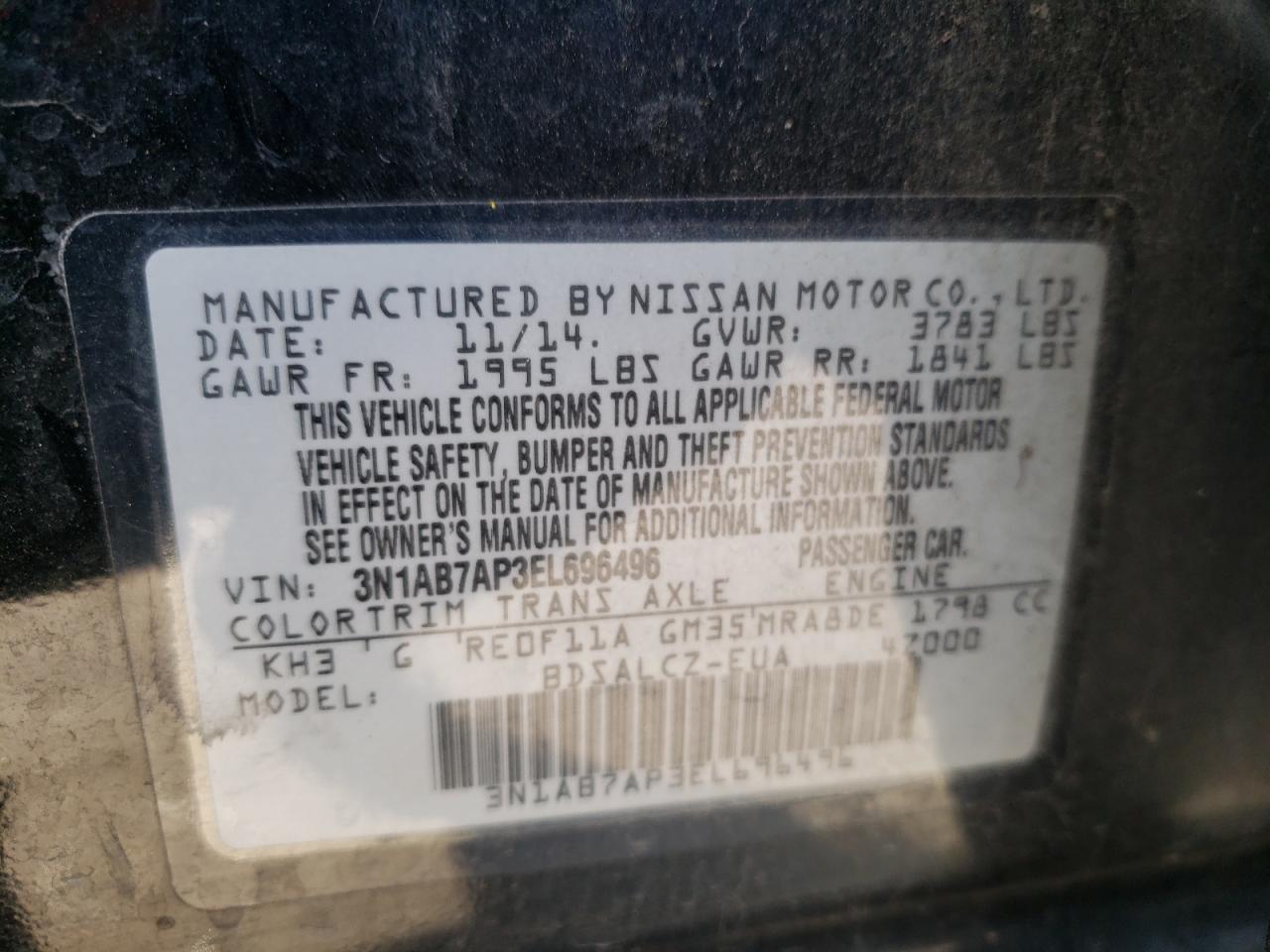 Photo 10 from auction – 2014 NISSAN SENTRA S with VIN 3N1AB7AP3EL696496