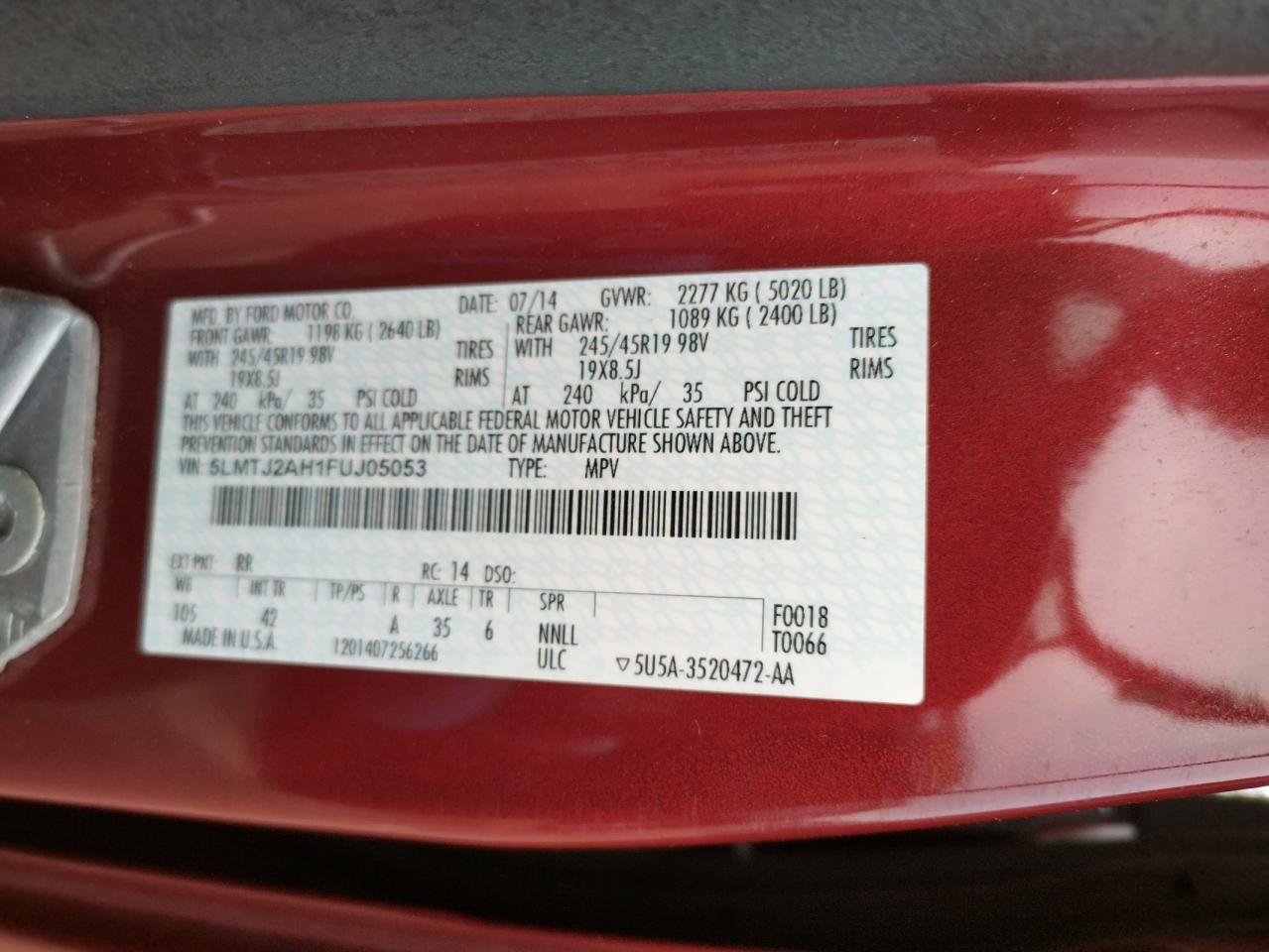Photo 10 from auction – 2015 LINCOLN MKC with VIN 5LMTJ2AH1FUJ05053