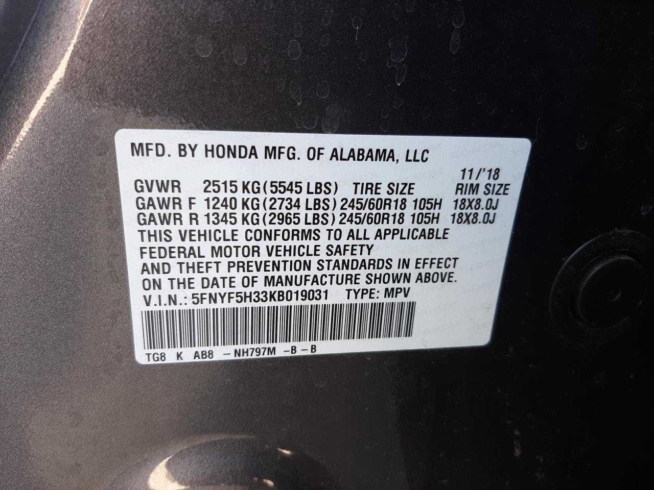 Photo 10 from auction – 2019 HONDA PILOT EX with VIN 5FNYF5H33KB019031