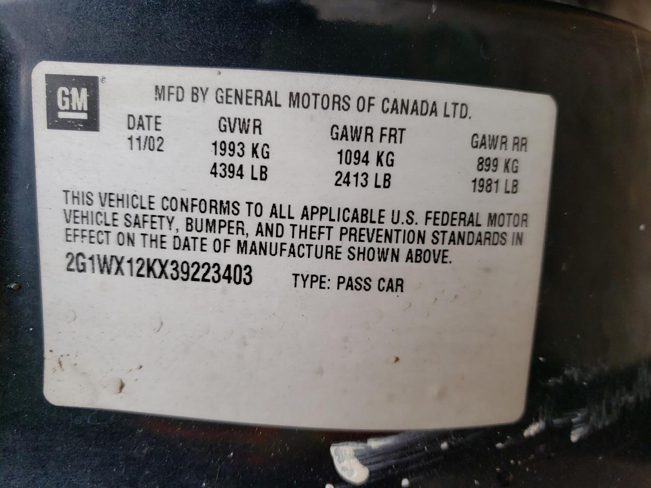 Photo 10 from auction – 2003 CHEVROLET MONTE CARL with VIN 2G1WX12KX39223403