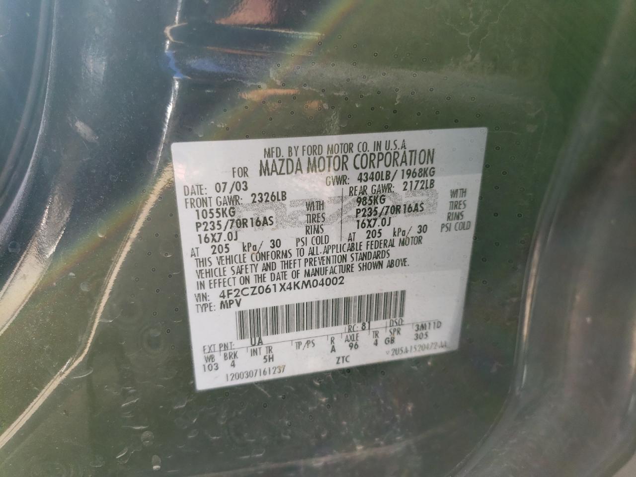 Photo 10 from auction – 2004 MAZDA TRIBUTE ES with VIN 4F2CZ061X4KM04002