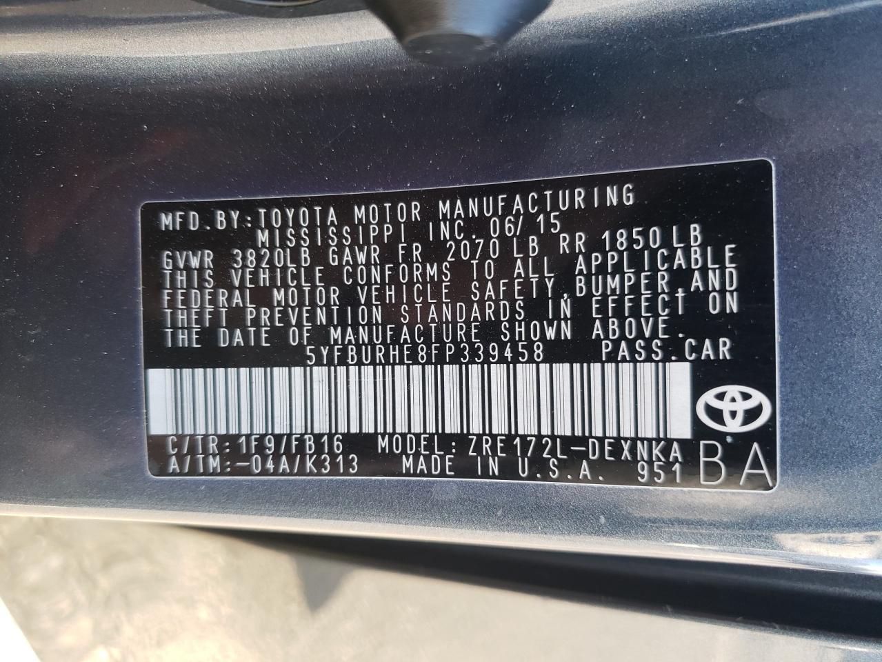 Zdjęcie 10 z aukcji – 2015 TOYOTA COROLLA L z VIN 5YFBURHE8FP339458