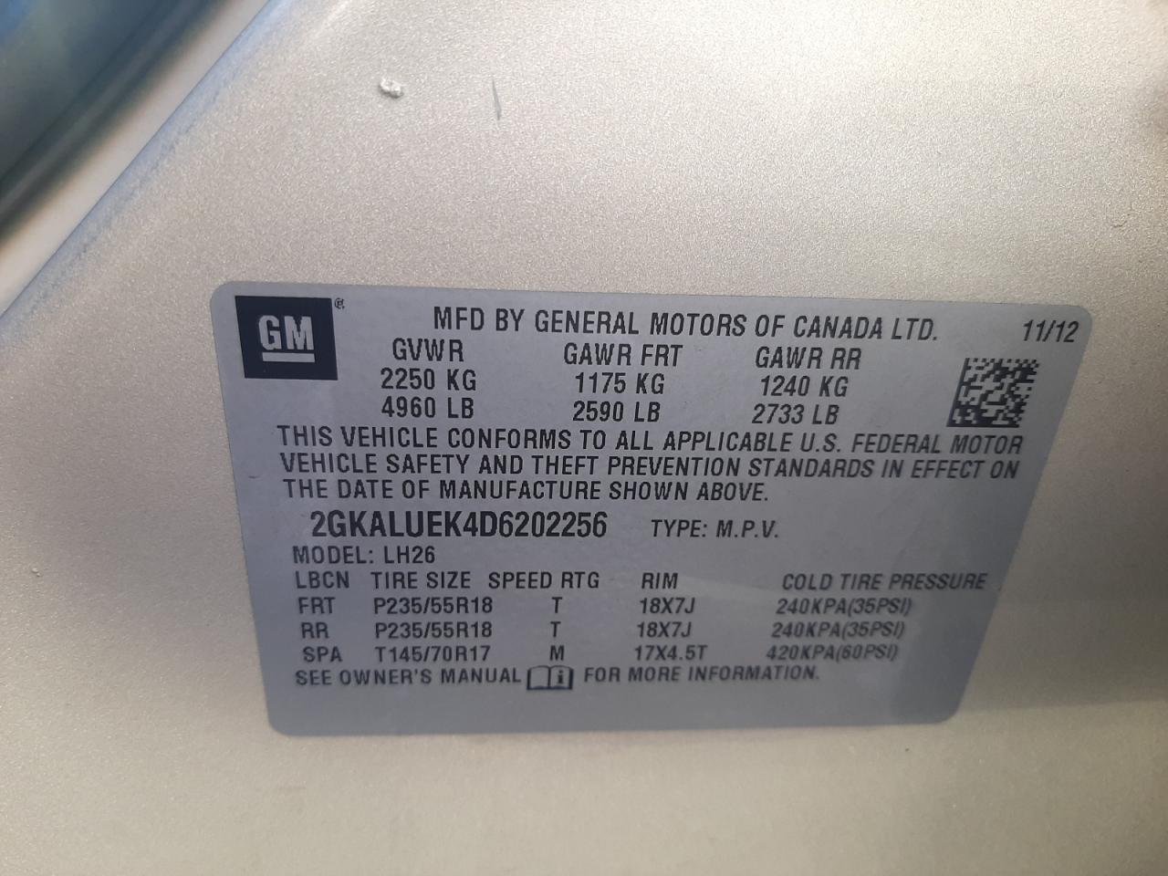 Photo 10 from auction – 2013 GMC TERRAIN SL with VIN 2GKALUEK4D6202256