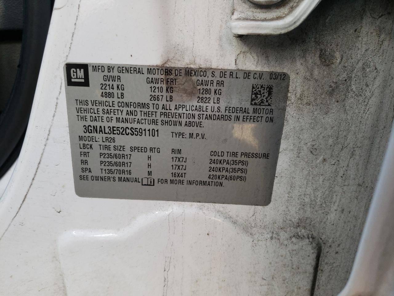 Photo 10 from auction – 2012 CHEVROLET CAPTIVA SP with VIN 3GNAL3E52CS591101